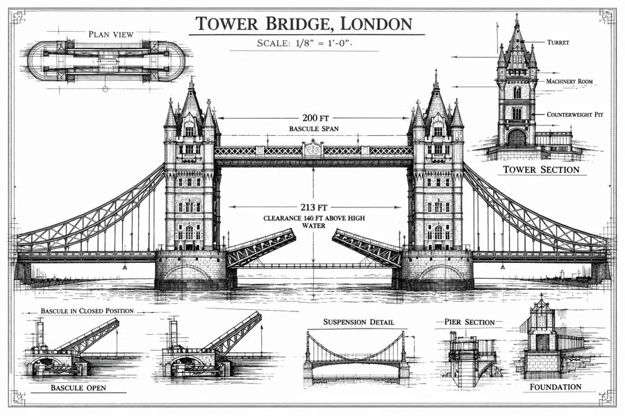Engineering drawing of Tower Bridge, London